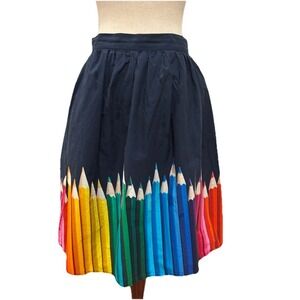MODCLOTH FERVOUR Pleated A Line Colored Pencil Print Lined Navy Skirt Women's S